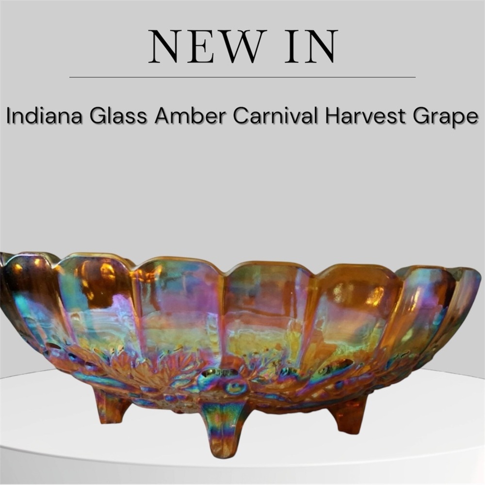 Vintage Large Oval Footed Fruit Bowl Indiana Glass Amber Carnival Harvest Grape
